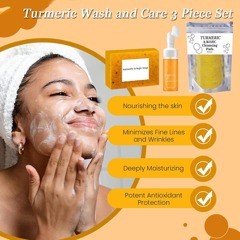 Turmeric Facial Care Set - Kojic Soap Bar, Cleansing Wash & Facial Pads | 3-Piece Skincare Trio