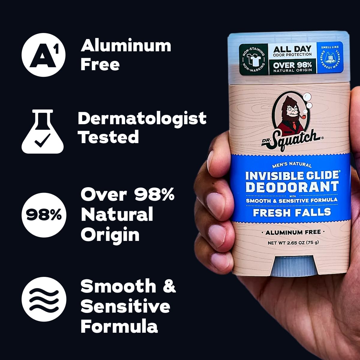 Dr. Squatch Invisible Glide Natural Men’s Deodorant – Smooth Glide, No Stains – Aluminum Free Deodorant Men – Safe for Sensitive Skin – Fresh Falls, 2.65oz (2-Pack)