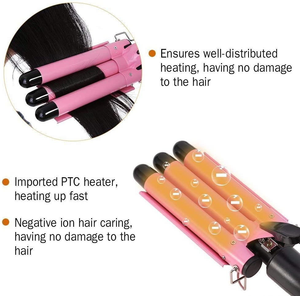3 Barrel Curling Iron Wand - 26mm Adjustable Temperature Ceramic Hair Waver | Pink