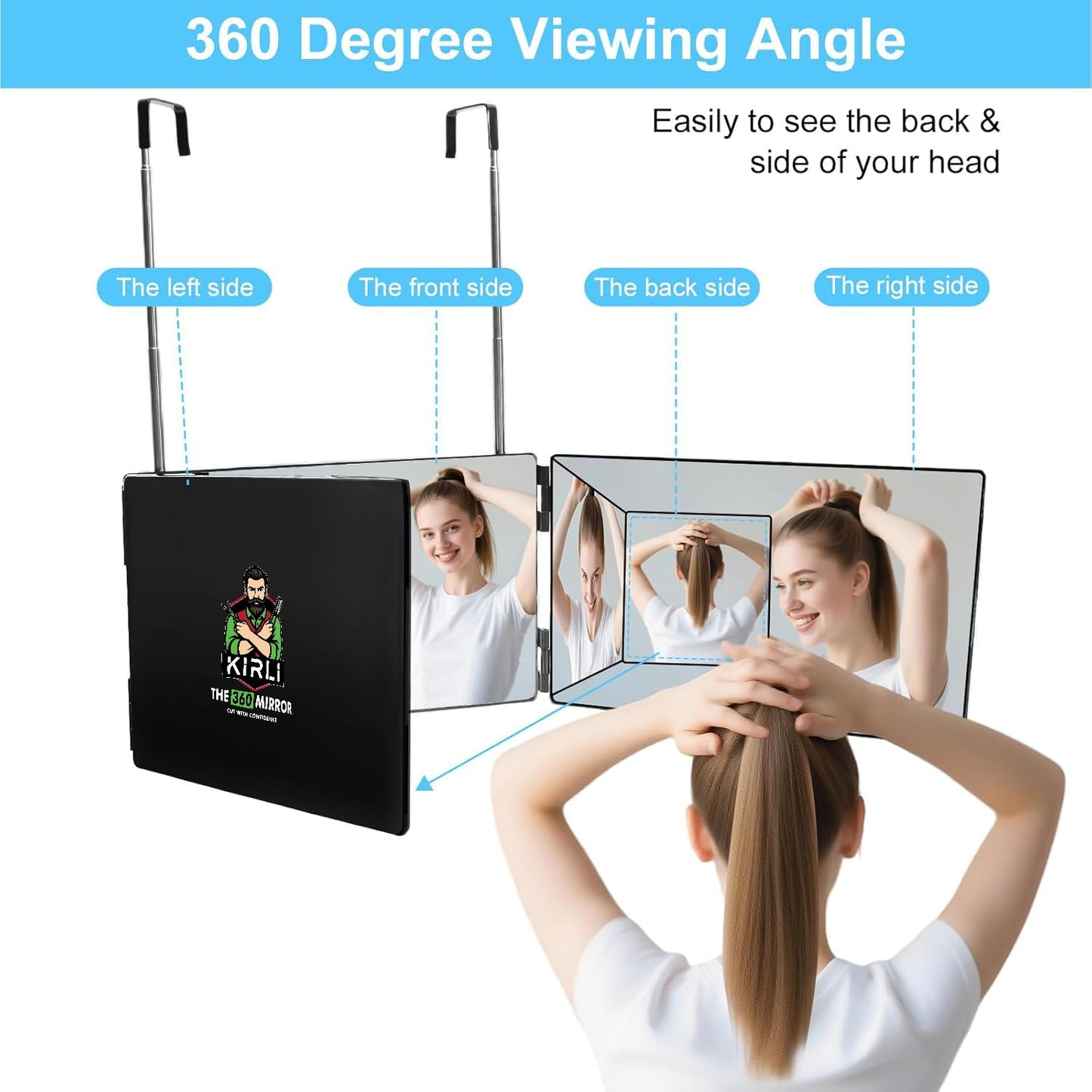 Kirli 3 Way Mirror for Self Hair Cutting – 360° with LED Lighting, Portable Trifold Mirror to See Back of Head, Adjustable Hooks, Ideal for Men & Women Styling (Black - with Led)