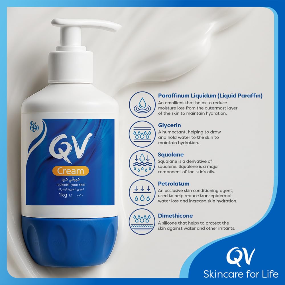 QV Cream with 10% Glycerin (1050g) Rich Protective Moisturiser for Sensitive, Dry Skin, Fragrance Free, Noncomedogenic Body Cream, Hydrating Skin Care for Eczema, Psoriasis, Dermatitis, Pump Bottle