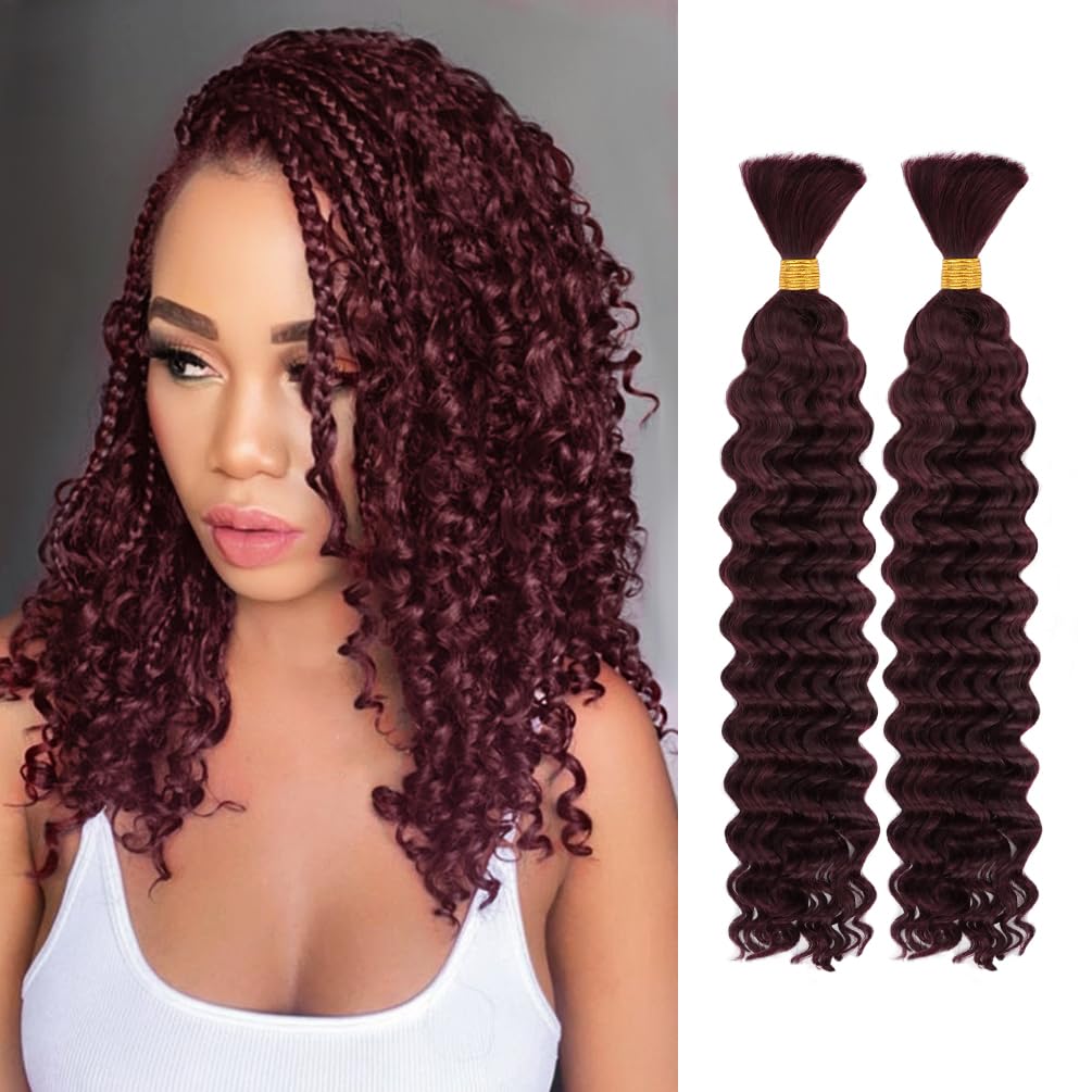 "Human Braiding Hair, 2 Bundle 100g 16 Inch Boho Braids Human Hair 10A Deep Wave Bulk Brazilian Virgin No Weft Wavy Hair Extension for Boho Knotless Bohemian Micro Braid Bulk for Braiding 99J"