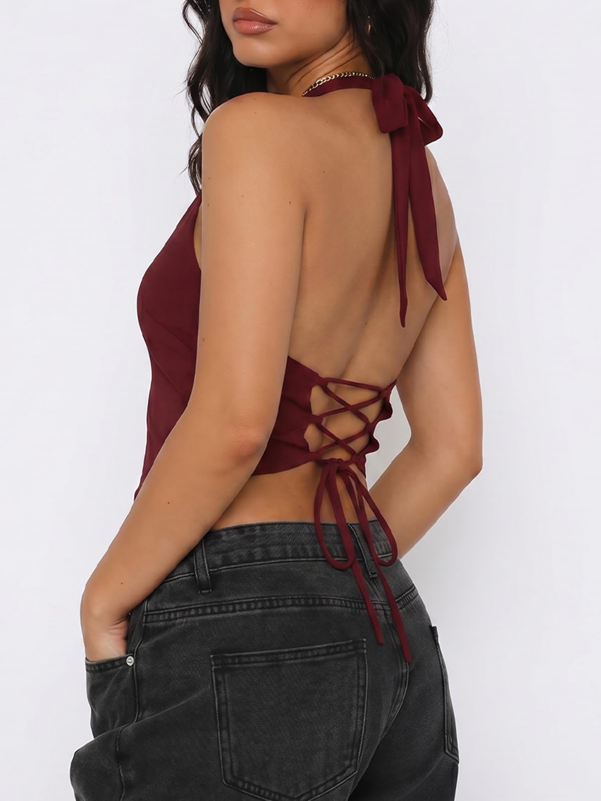 UNCOOYEE Going Out Tops for Women Sexy Backless Halter V Neck Tank Top