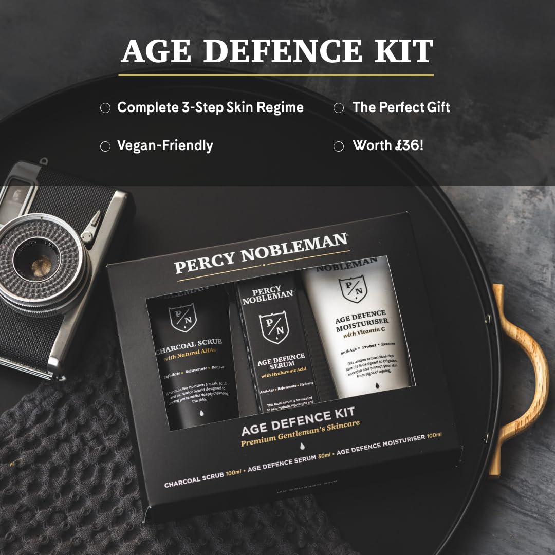 Percy Nobleman Age Defence Kit – Men’s Skincare Gift Set with Charcoal Face Scrub, Hydrating Facial Serum with Hyaluronic Acid & Vitamin C Moisturiser for Cleansing, Nourishment & Healthy Skin