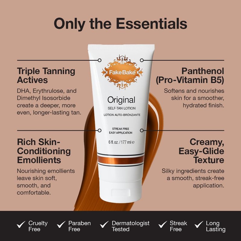 Fake Bake Original Self-Tanning Lotion – Lasting, Natural-Looking Sunless Tanner for All Skin Tones – Streak-Free, Buildable Color for Women & Men – 6 oz