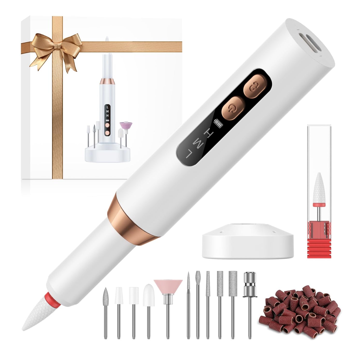 Portable Electric Nail Drill Kit Professional - 30000RPM Cordless Rechargeable Electric Nail File, with 12 Drill Bits & 36 Sanding Bands for Acrylic, Gel & Natural Nails, for Salon, Home and Travel