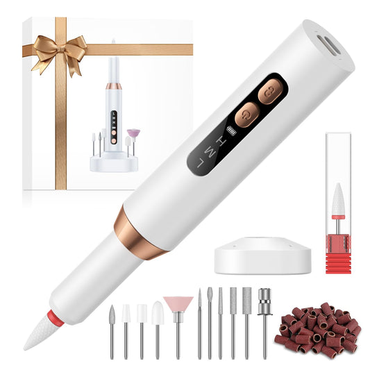Portable Electric Nail Drill Kit Professional - 30000RPM Cordless Rechargeable Electric Nail File, with 12 Drill Bits & 36 Sanding Bands for Acrylic, Gel & Natural Nails, for Salon, Home and Travel