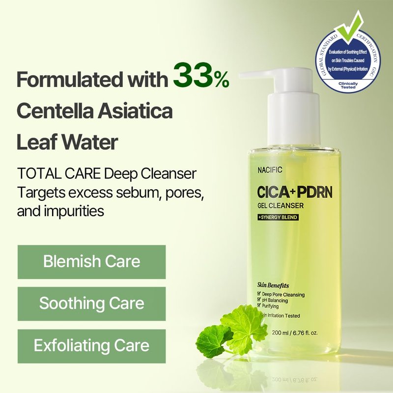 NACIFIC Cica PDRN Gel Cleanser 6.76 fl oz 200ml, Centella Asiatica, Low pH Deep Pore Cleanser for Sensitive Skin, Soothing, Purifying Korean Face Wash