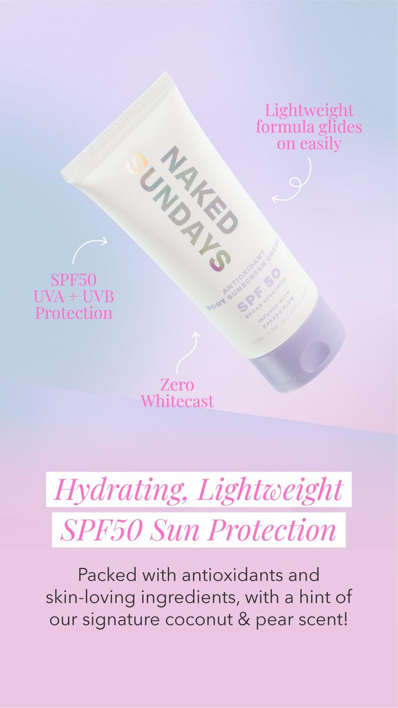 Naked Sundays SPF 50 Antioxidant Body Sunscreen Lotion – Broad Spectrum UVA/UVB Protection, Hydrating & Lightweight – 100ml