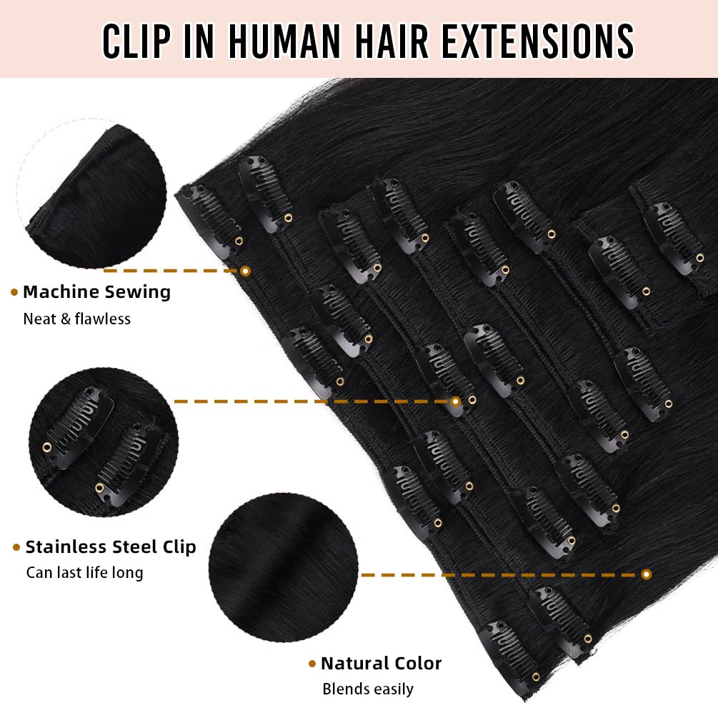 14" Remy Clip in Hair Extensions Human Hair Natural Black to Chestnut Brown Highlight Black for Beauty - Short Silky Straight 8pcs Real Hair Extensions Clip In Human Hair(14 inch 100g #(1BT6) P1B)