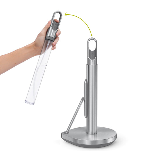 simplehuman Paper Towel Holder with Spray, All-in-One Countertop Paper Towel and Cleaner Dispenser, 6 oz Refillable Pump, One-Handed Tear, Weighted Base, Brushed Stainless Steel