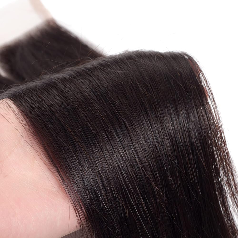 4X4 Straight HD Lace Closure Human Hair Extensions 12A Brazilian Virgin Remy 100% Unprocessed Human Hair Frontal Free Part Closure Only Pre Plucked With Baby Hair Natural Black 18 Inch