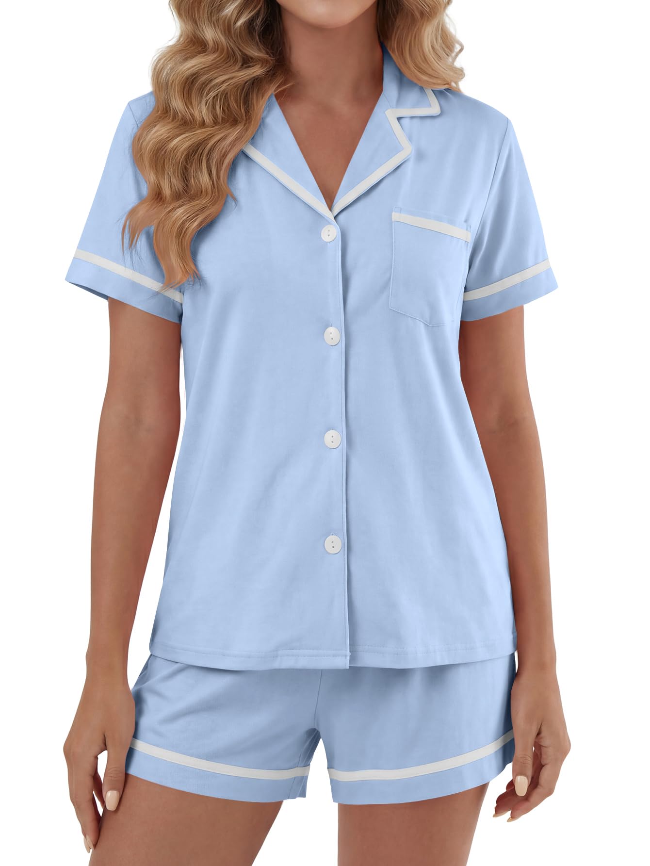LYANER Women's Cotton Pajamas Set Button Short Sleeve Shirt with Shorts Set PJs Loungewear Blue X-Small