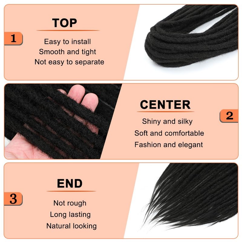 Straight Dreadlock Extensions - 24-Inch Double-Ended Synthetic Hair | Soft 1.2cm Width, 25 Strands, Color 1B#