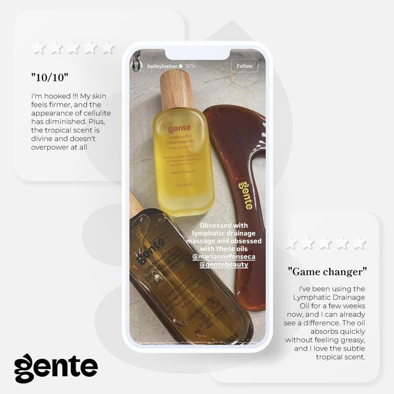 Gente Beauty Lymphatic Drainage Oil for Body & Face, Unscented Skin Tightening & Sculpting Oil, Caffeine Body Oil for Circulation & De-Puffing, Lightweight Hydrating Massage Oil, 100ml