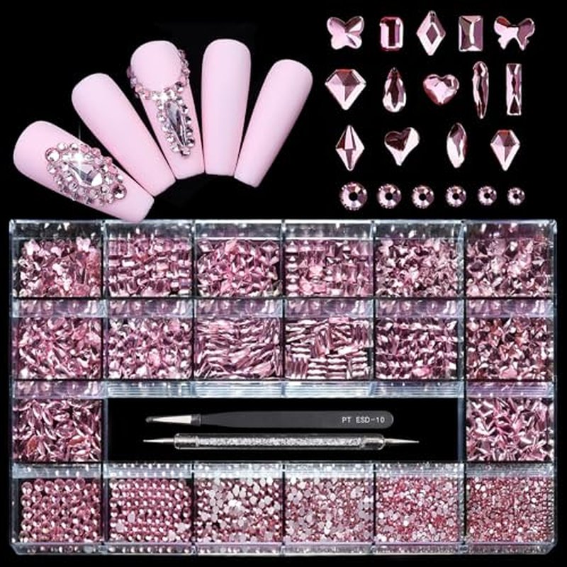 14 Types of 700 Pink Diamonds + 1500 Flat Rhinestones Mix 20 Styles Flatback DIY Crafts Rhinestone Crystals 3D Ornament?s Flat Back Stones Set + Tweezers + Drill Pen