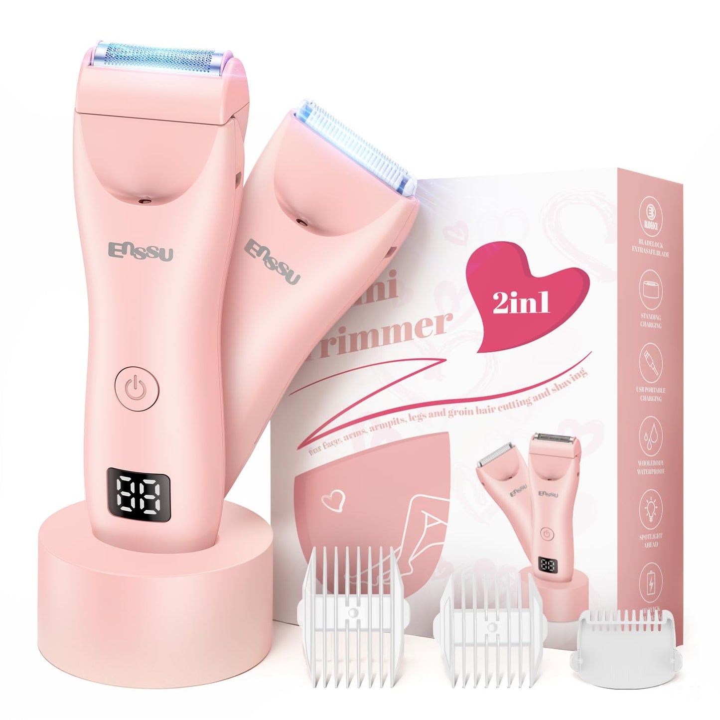 ENSSU Bikini Trimmer for Women - 2 in 1 Pubic Hair Trimmer IPX7 Waterproof, Razors for Women with LED Light & USB Charge, Painless Electric Shaver with Ceramic Blade for Bikini Legs Arm Underarm