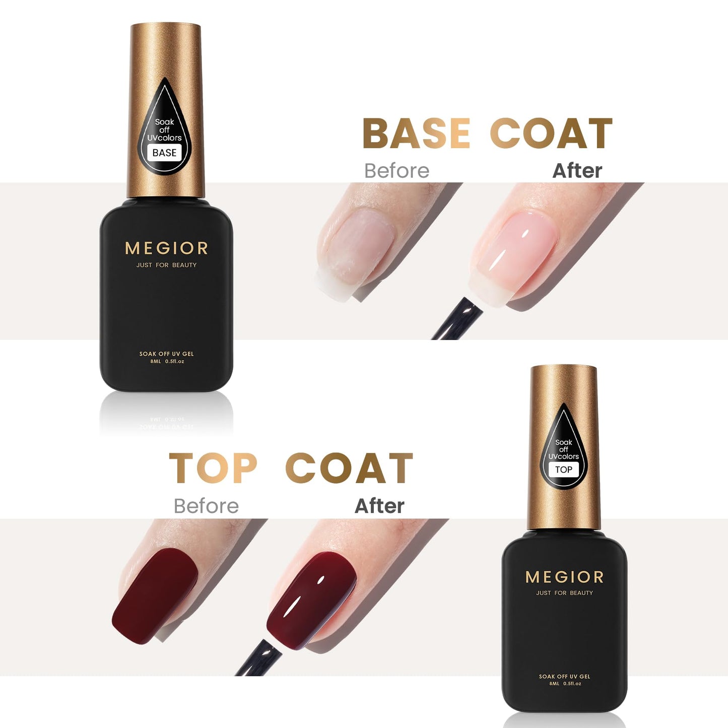 MEGIOR Gel Top Coat and Base Coat Set 2PCs No Wipe Gel Base and Top Coat Long Lasting High-gloss Finish for Home DIY and Nail Salon