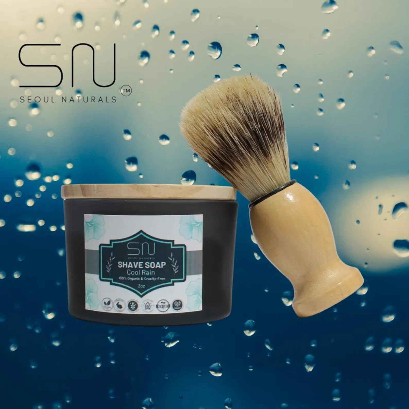Seoul Naturals Organic Shave Soap Set with Barber Brush, Cool Rain Scent, k beauty, 3 oz