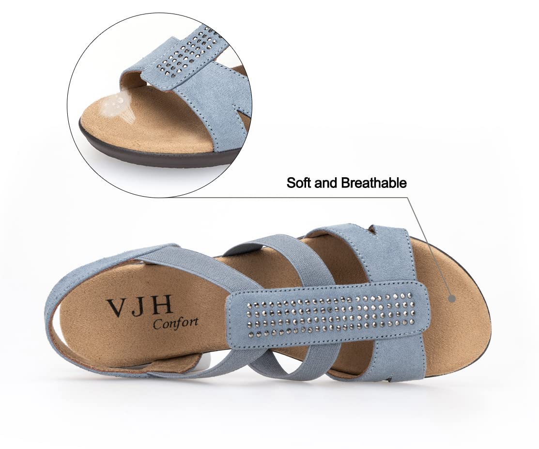 VJH confort Women's Flat Sandals with Rhinestone Open Toe Elastic Slip On Slingback Comfort Casual Walking Sandals (Dusty Blue,8)