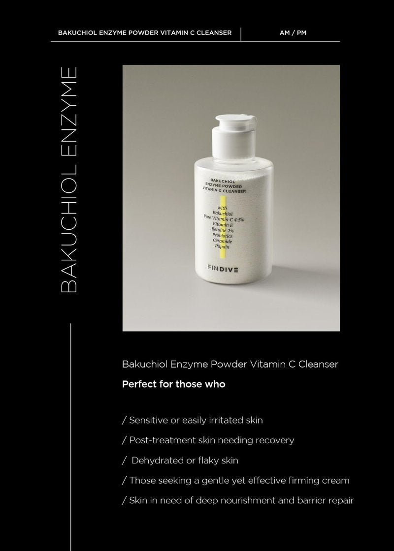 FINDIVE OFFICIAL Bakuchiol Enzyme Powder Vitamin C Cleanser, Gentle Daily Exfoliating Face Wash with 4.5% Pure Vitamin C, Plant-Based Surfactants, Probiotics, Korean Skincare 1.41 fl.oz