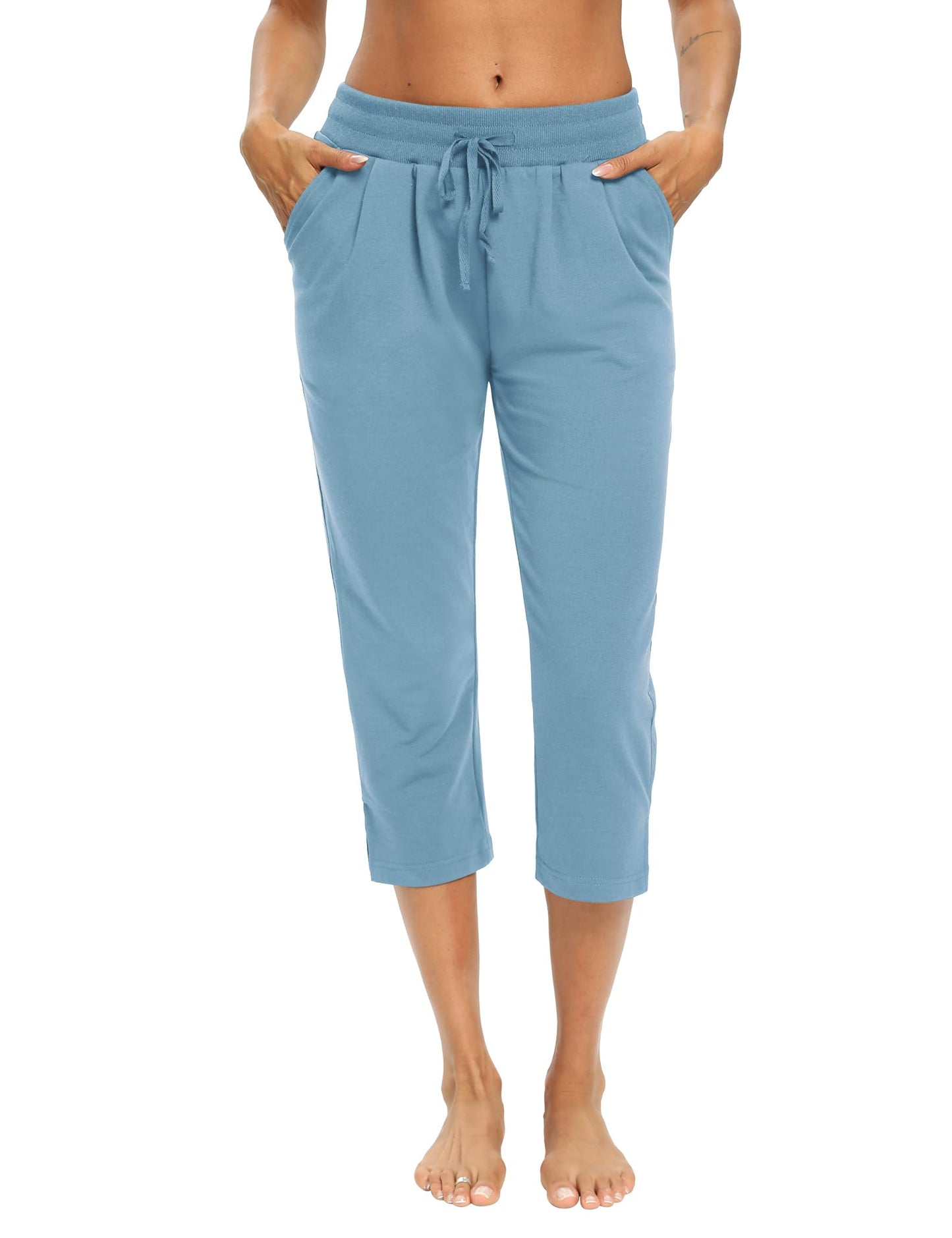 LEXISLOVE Capris for Women Casual Summer Wide Leg Crop Pants Loose Comfy Drawstring Yoga Jogger Capri Pants with Pockets LightBlue M