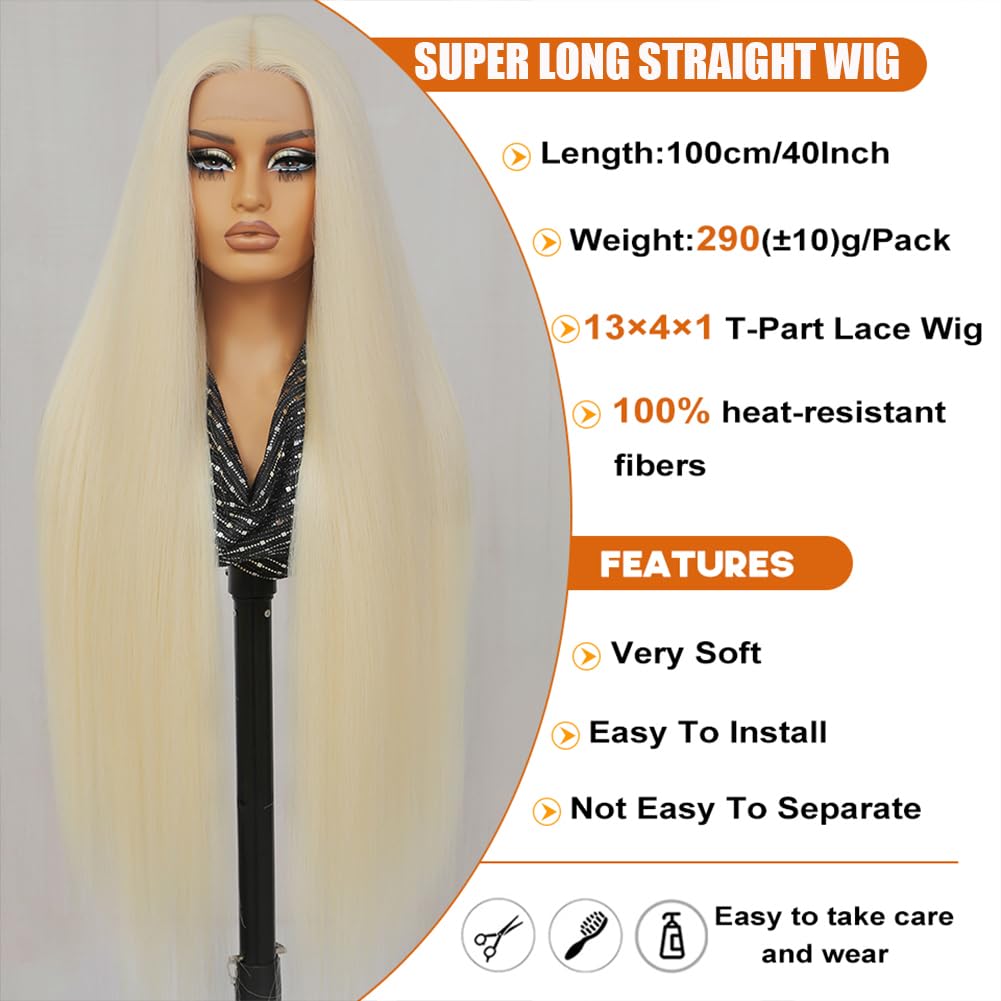 Felek Super Long Blonde Straight T Part Lace Wigs 40 Inch Long Hair 13x4x1 T Lace Front Wigs Heat Resistant Fiber Glueless Pre-Plucked Natural Hairline Lace Wig For Fashion Women/Girls(#613)