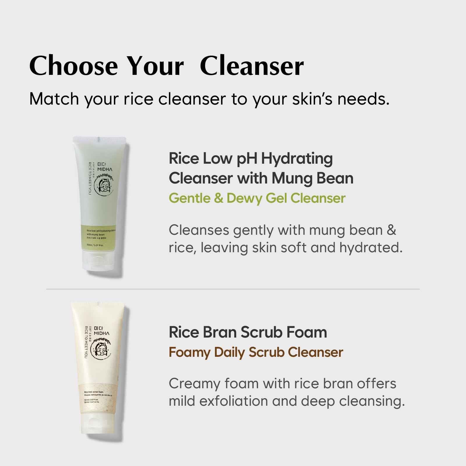 MIDHA RICE LOW PH HYDRATING CLEANSER WITH MUNG BEAN, 5.07fl.oz/150ml,Balanced pH Gel Cleanser, Hydrating, Soothing, Gentle Daily Cleanser, Deep Cleansing, Pore-Purifying, Nourishing Care