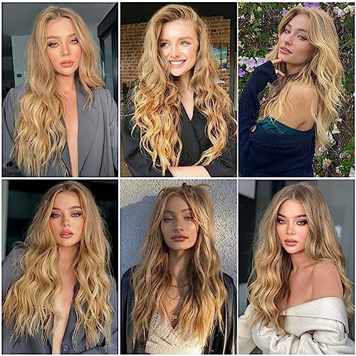 Mixed Blonde Long Wave Wig for Women -26inch Middle Part Long Curly Wig Heat Resistant Synthetic Hair Looking Natural, Fiber Wig for Daily Party Use