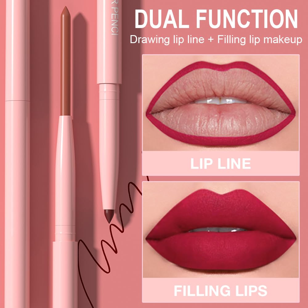 **12Pcs Retractable Lip Liner Pencils Set - Creamy Matte Velvet Colors for Plump Lips | Mauve, Maroon, Red, Nude, Brown**