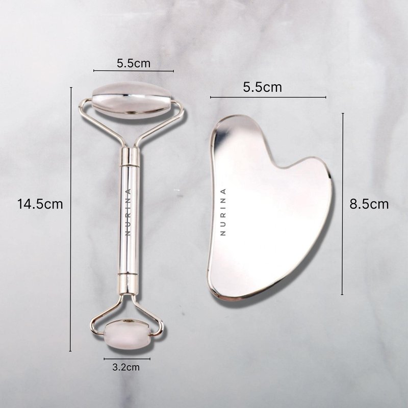 NURINA Pure Stainless Steel Ice Roller Face Roller & Gua Sha Set Double-Sided Facial Tools Face Massager Skin Care Set Gua Sha for Face Neck Body Anti-Wrinkle Facial Massage Kit