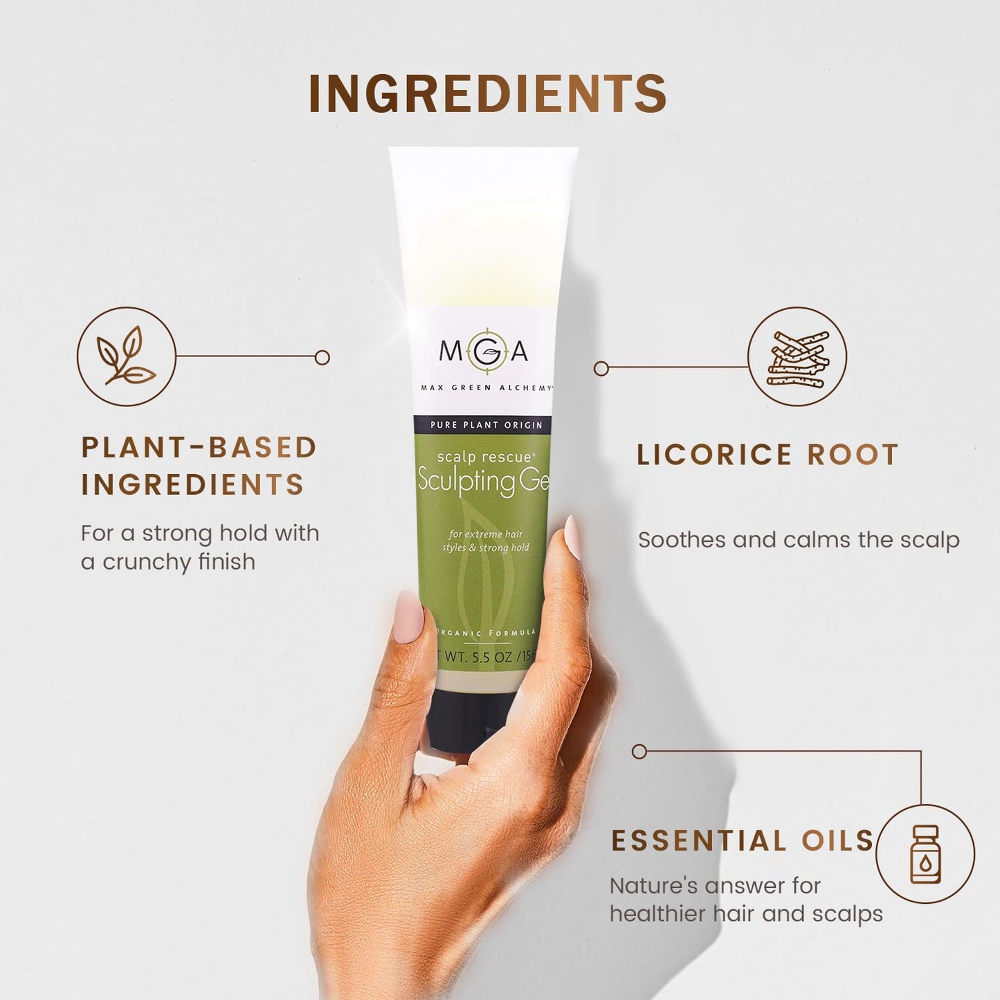 Max Green Alchemy MGA Vegan Sculpting Hair Gel Tube - Extreme Styling Hair Gel for Women & Men | Organic Formula of Styling Products Provide Strong Hold & Lasting Control | Color Safe | 5.5 Ounces