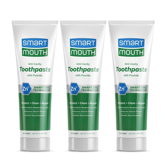 SmartMouth Anti-Cavity + Zinc Toothpaste - Fluoride for Cavity Prevention - Remineralizes Enamel - Sensitive Whitening - Alcohol-Free, Sugar-Free & Gluten-Free - 6 oz, 3-Pack