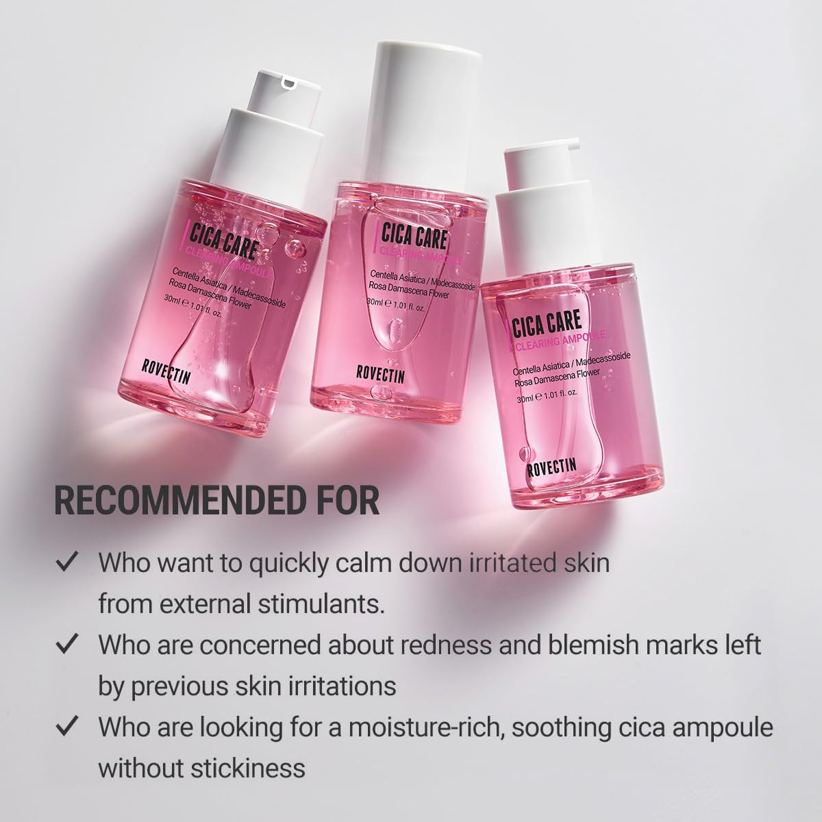 ROVECTIN Cica Care Clearing Ampoule for Soothing and Sensitive Care For Ance, Blemish, Redness with Calamine, Centella Asiatica and Damask Rose (1 Fl. Oz, 30ml)