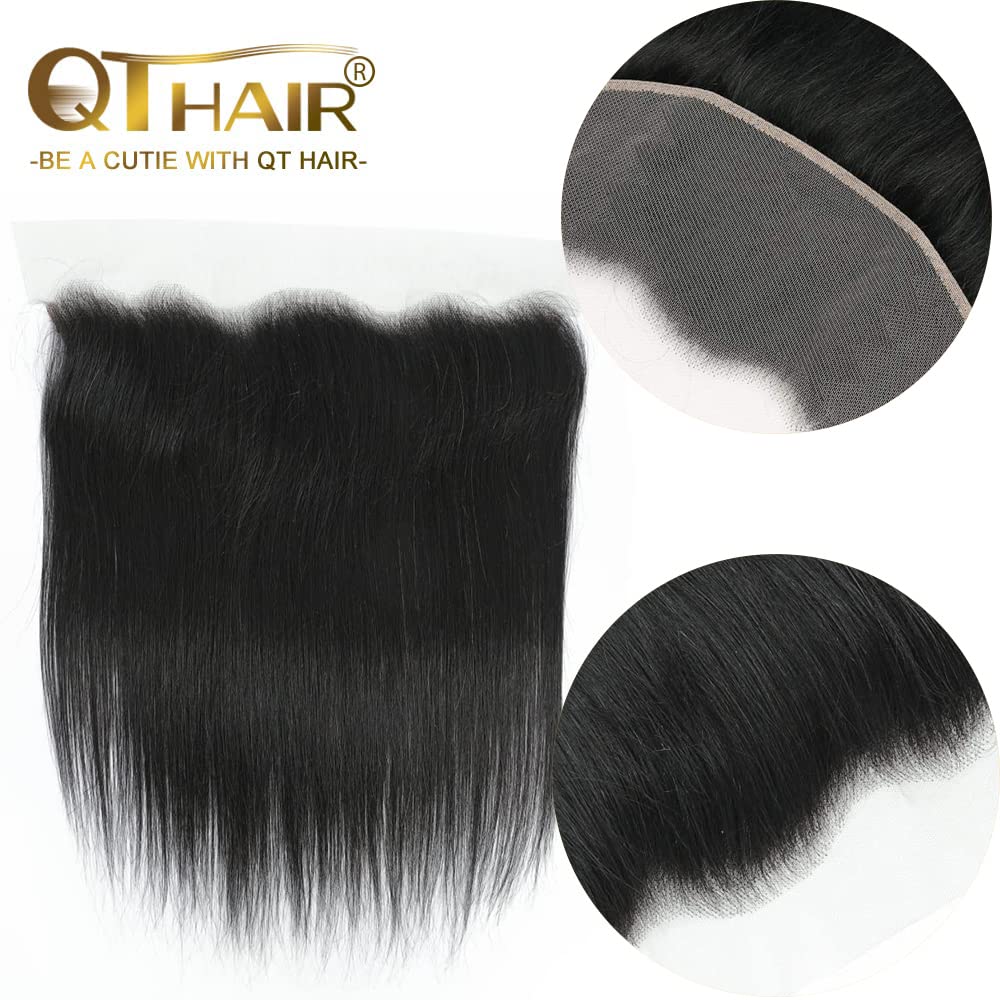 QTHAIR Straight HD Lace Frontal Human Hair 18A Brazilian Straight Human Hair Ear to Ear 13x4 Swiss Lace Frontal(14",Natural Color) Pre Plucked Natural Hairline with Baby Hair