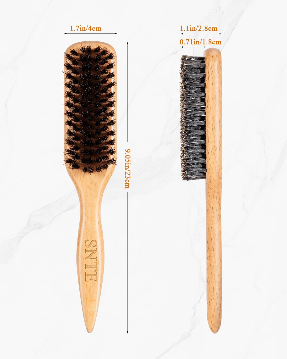 100% Boar Bristle Slick Back Hair Brush | Natural Peach Wood Handle | Restores Shine, Controls Frizz, Smooths Flyaways | Teasing Adds Volume Styling Tool | For Sleek Ponytails, Buns & Beard Grooming