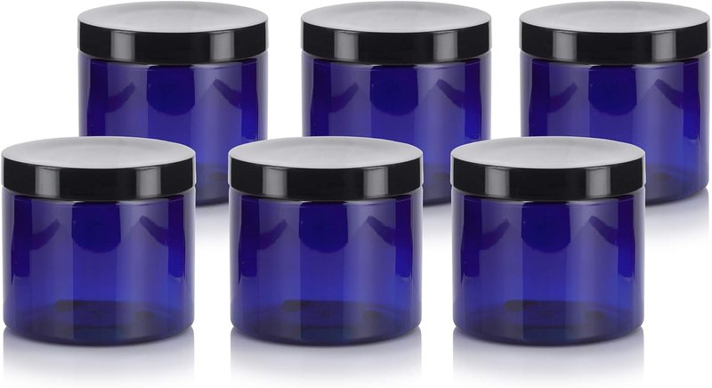 JUVITUS 16 oz Cobalt Blue Refillable PET Plastic Jars - Black Lid | 6 Pack