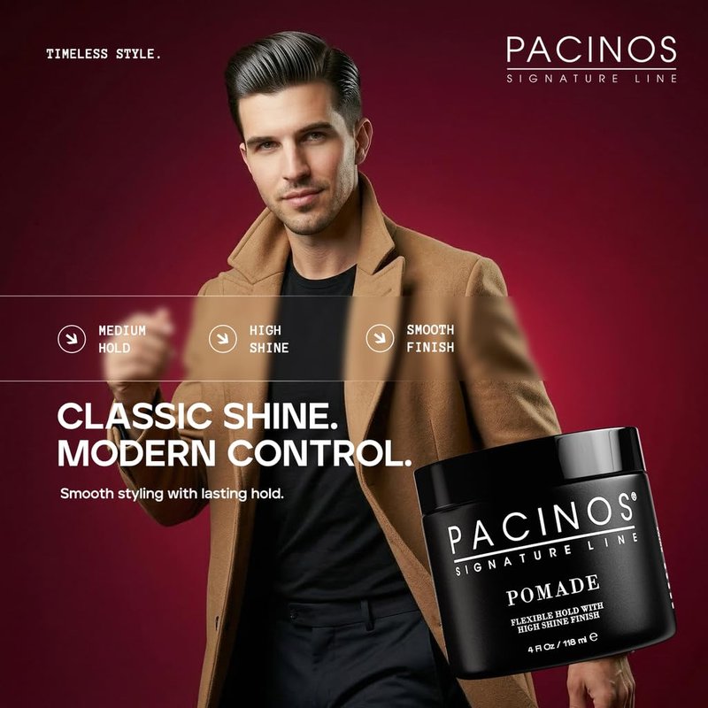 Pacinos Pomade - Flexible Hold, Frizz Control - High Shine Pomade for All Hair Types - 4oz