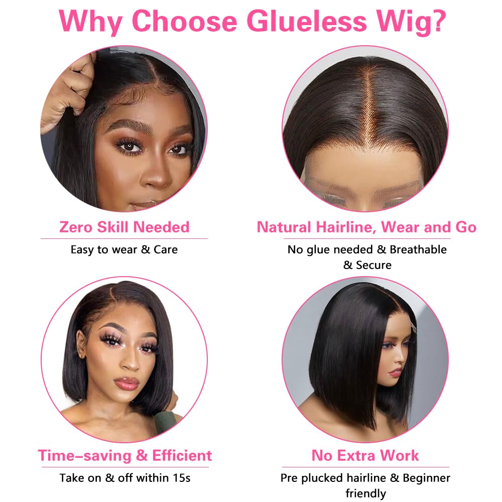 Wear and Go Glueless Bob Wigs Human Hair Pre Plucked Natural Hairline Straight Short Bob Wig 180 Density 4x4 HD Lace Closure Wig Human Hair for Women Brazilian Virgin Hair Natural Black 8 Inch
