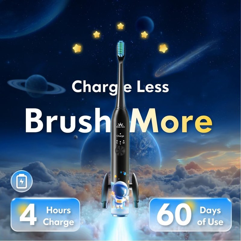 Kids Sonic Electric Toothbrush - Rechargeable with Timer & 4 Heads | Astronaut Black, Ages 3-18