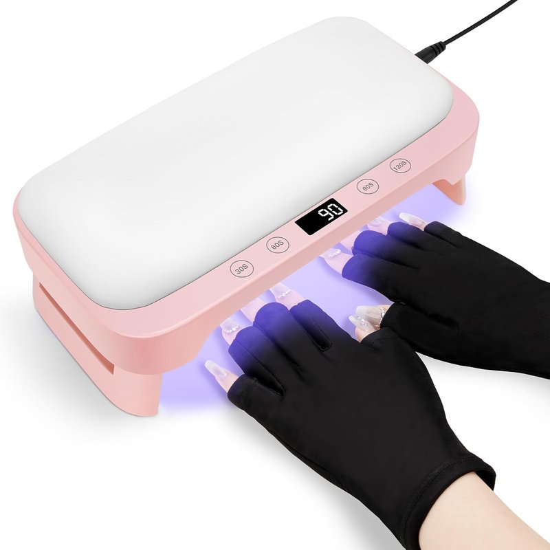 UV Nail Lamp - Professional LED Nail Light for Gel Polish | Foldable Design with Arm Rest & UV Gloves - Pink