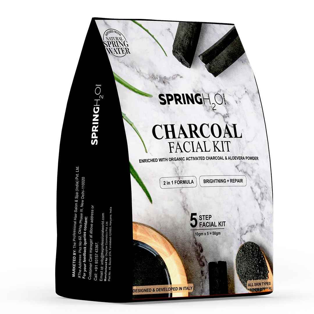 SPRING H2O Charcoal Facial Kit 50 gm| 2 in 1 Formula Brightning+Repair | Enriched with Organic Activated Charcoal & Aloevera Powder| Simple 5 Step