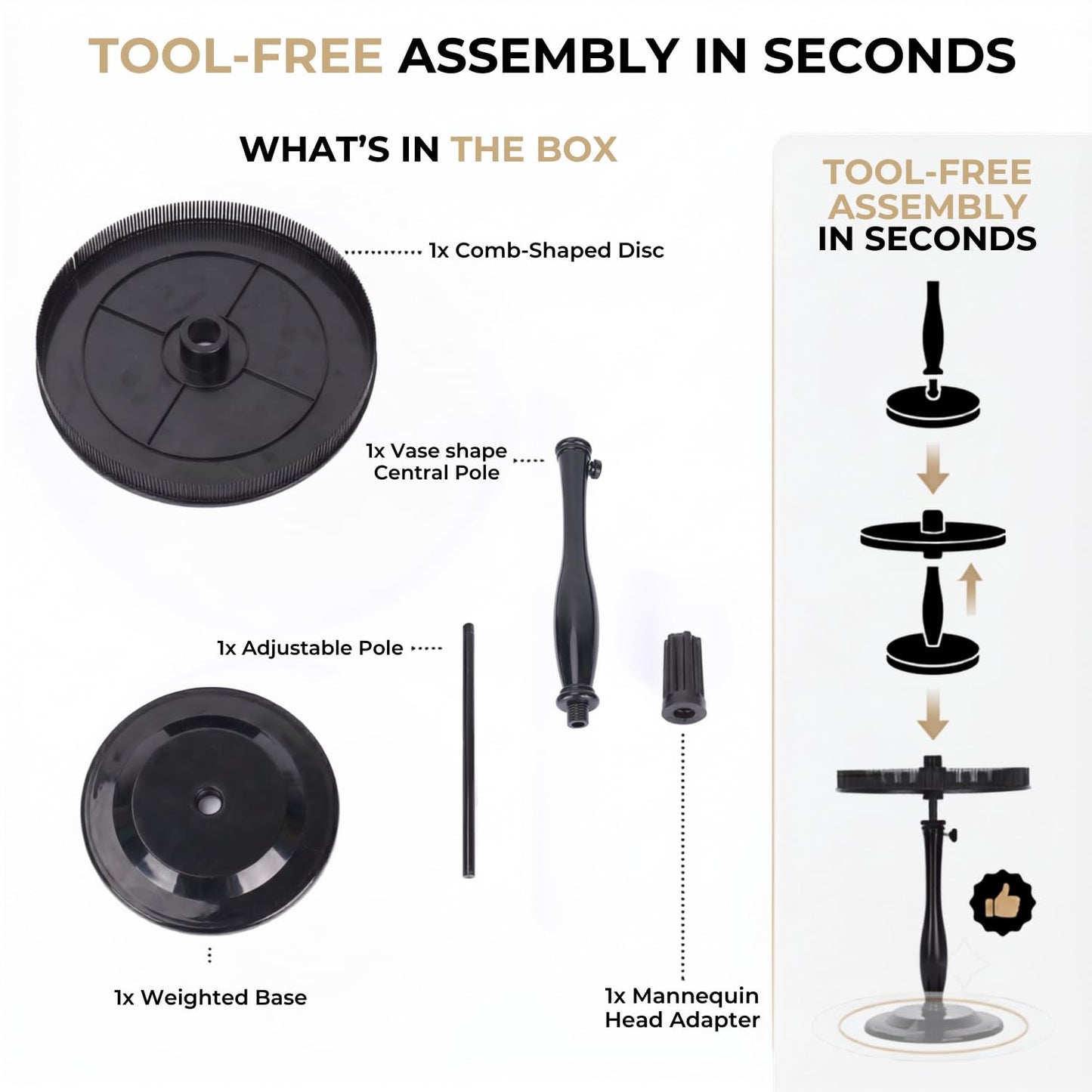 lightmay Adjustable Hair Extension Stand with Comb Disc for Clip-Ins, Black