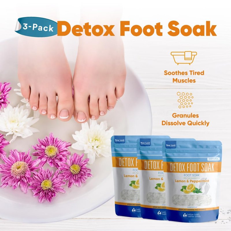 Detox Foot Soak (3 Pack) Epsom Salt Soothing Soaks and Athlete's Foot Detox with Essential Oils in BPA Free Pouch with Press Lock Seal (Bundle with Three 2 Lbs Pouches 6 Lbs Total)