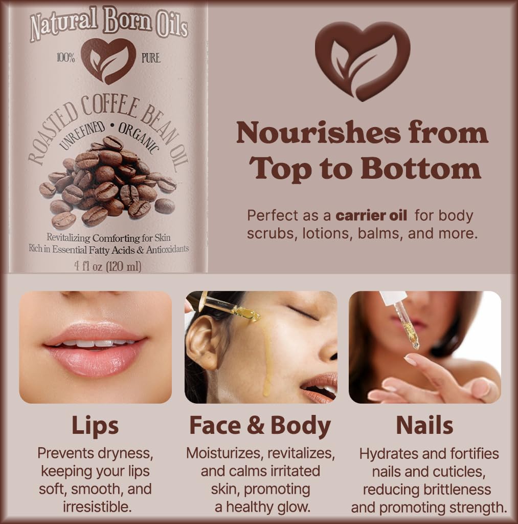 Natural Born Oils Roasted Coffee Bean Oil, 8oz, Organic, Cold-Pressed, Vitamin-Rich, Skin Radiance Enhancer, Hair Conditioner