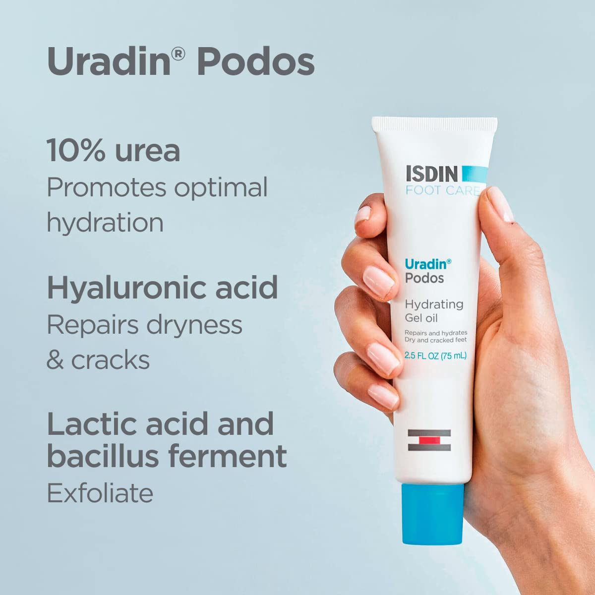 ISDIN Foot Care Cream - Uradin Podos Gel Oil for Dry Cracked Feet | 10% Urea, Fast Absorbing, 2.5 Fl Oz