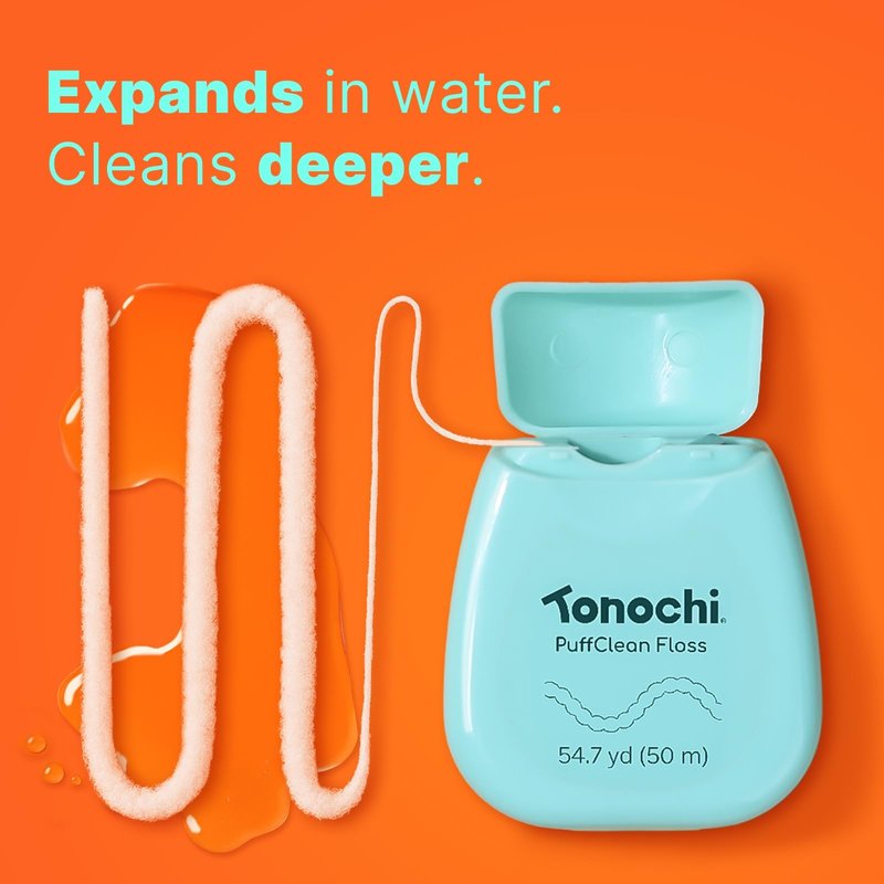 Tonochi PuffClean Extra Soft Dental Floss for Sensitive Gums, Expanding Floss, PFAS Free, Gentle Deep Clean, Mint + Xylitol, 3-Pack (164 yd Total)