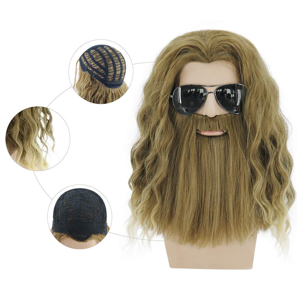 MAGQOO Golden Brown Wig with Beard Mustaches Men's Long Curly Wig Golden Brown Hair Wigs Halloween Cosplay Costume Party Wigs