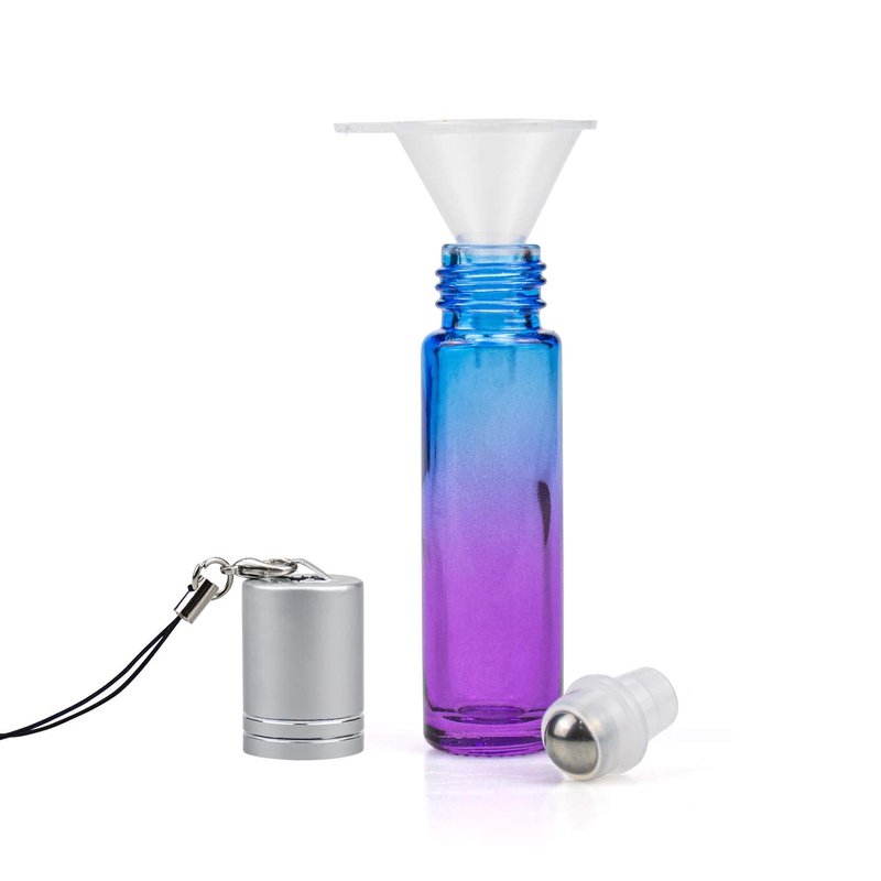 Foraineam 24 Pack 10ml Gradient Color Glass Essential Oil Bottles with Stainless Steel Roller Ball and Silver Hanging Lid