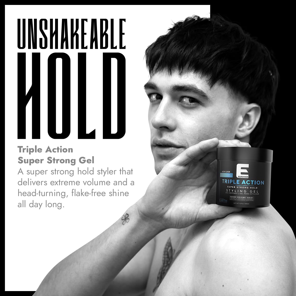 E Elegance Earth Fragrance Triple Action Hair Gel for Men And Women - Super Strong Hold, Extreme Volume, And Long Lasting Shine - Flake Free And Refreshing Fragrance - All Hair Types, 16.9 oz
